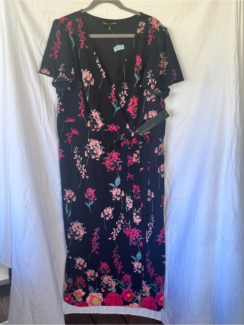 Always indigo nwt floral xxl Black Wrap Dress with Pink Floral Print